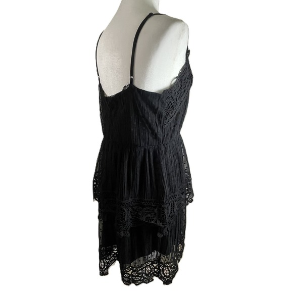 DEX Black Crochet Lace Tiered Polka Dot Mini Dress L Spaghetti Strap Lined Fairy - Picture 4 of 16